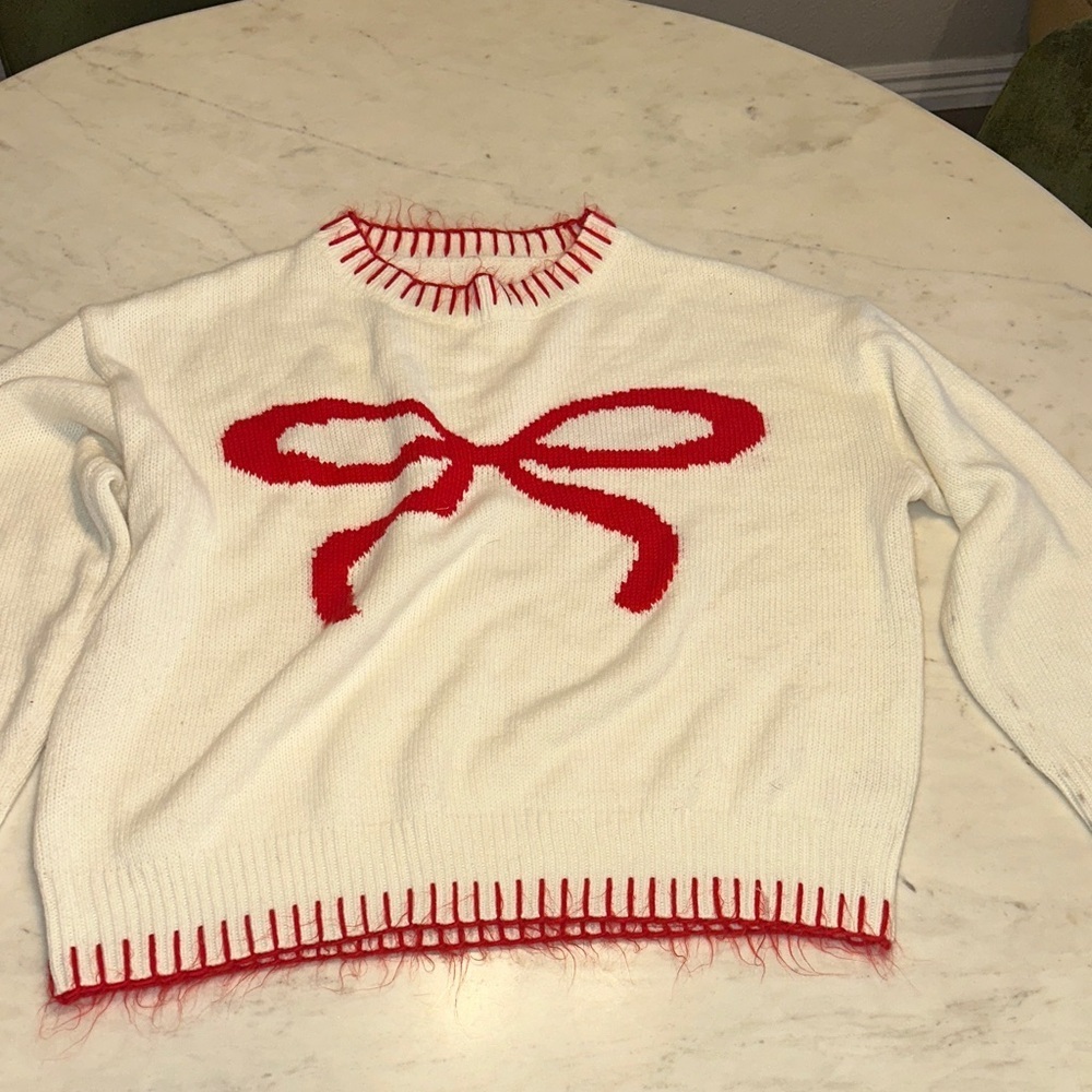 White Sweater with Red Bow Accent size large